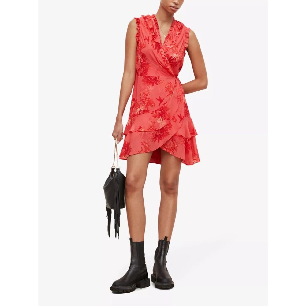 Allsaints Ari Nila Wrap Dress Crepe Floral Birds Mini Coral Size 4